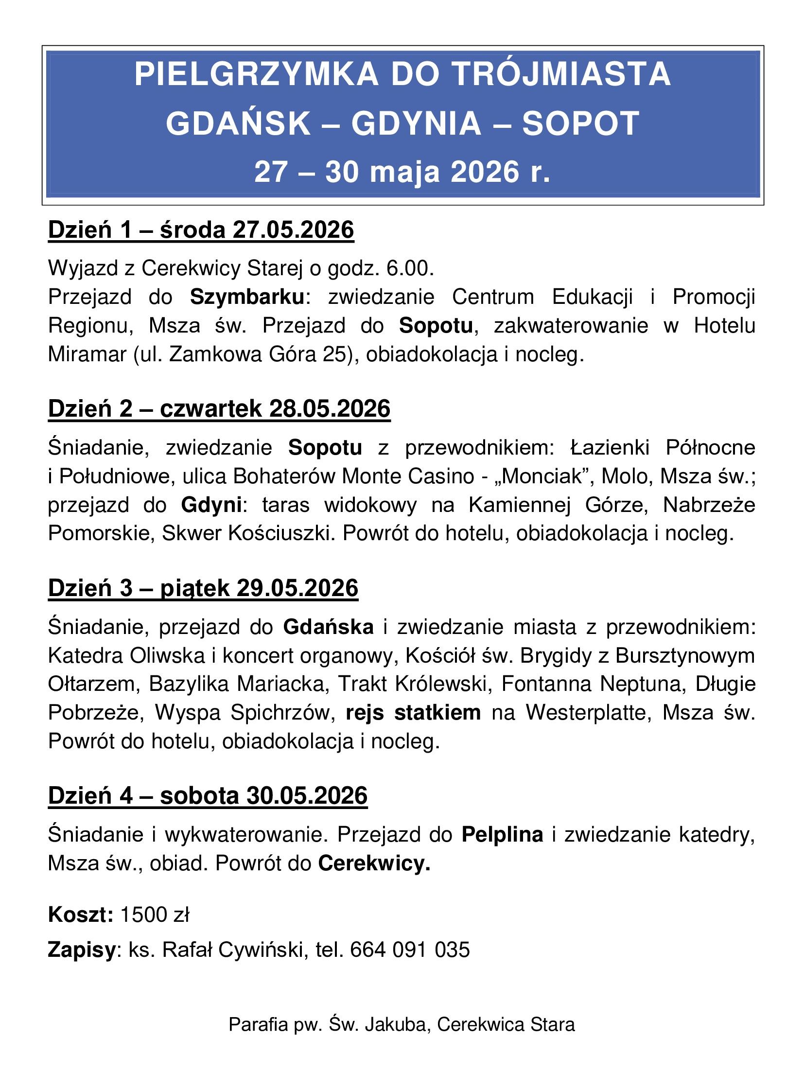 Pielgrzymka do Trójmiasta 27-30.05.2026